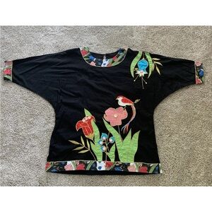 Vintage 1970s Ramona Rull size L Appliqué Tropical Bird Floral Dolman Tunic Top